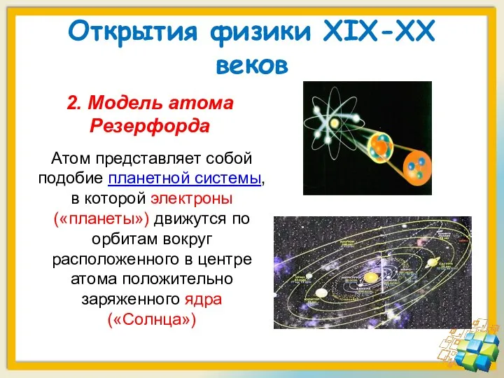 Открытия физики XIX-XX веков 2. Модель атома Резерфорда Атом представляет собой подобие