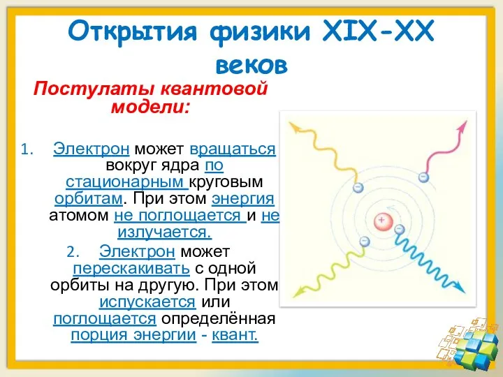 Открытия физики XIX-XX веков Постулаты квантовой модели: Электрон может вращаться вокруг ядра