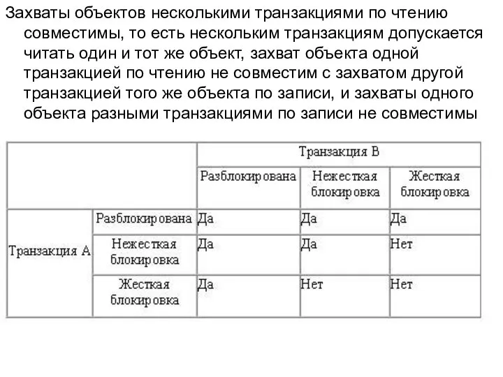 Захваты объектов несколькими транзакциями по чтению совместимы, то есть нескольким транзакциям допускается