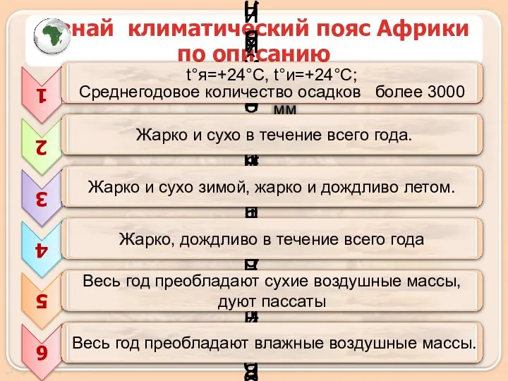 Узнай климатический пояс Африки по описанию t°я=+24°С, t°и=+24°С; Среднегодовое количество осадков более