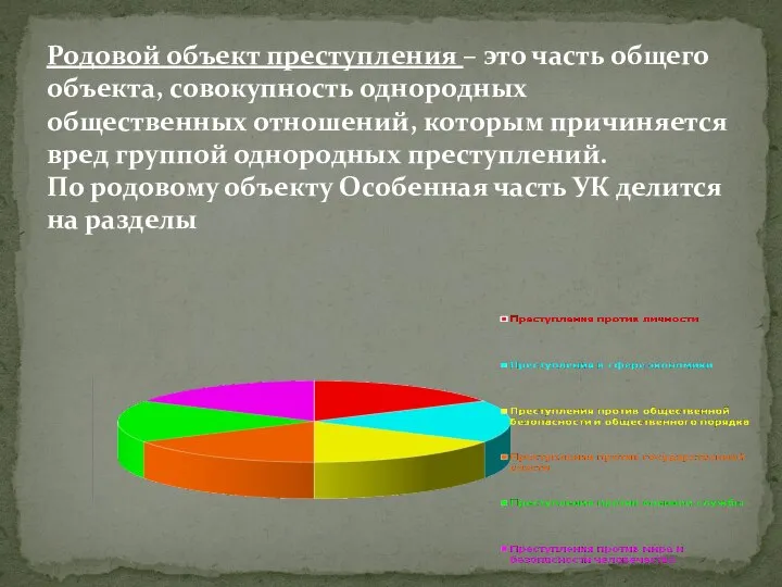 Родовой объект преступления – это часть общего объекта, совокупность однородных общественных отношений,