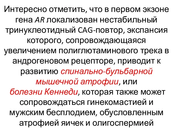 Интересно отметить, что в первом экзоне гена AR локализован нестабильный тринуклеотидный CAG-повтор,