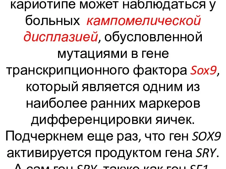 Реверсия пола при мужском кариотипе может наблюдаться у больных кампомелической дисплазией, обусловленной