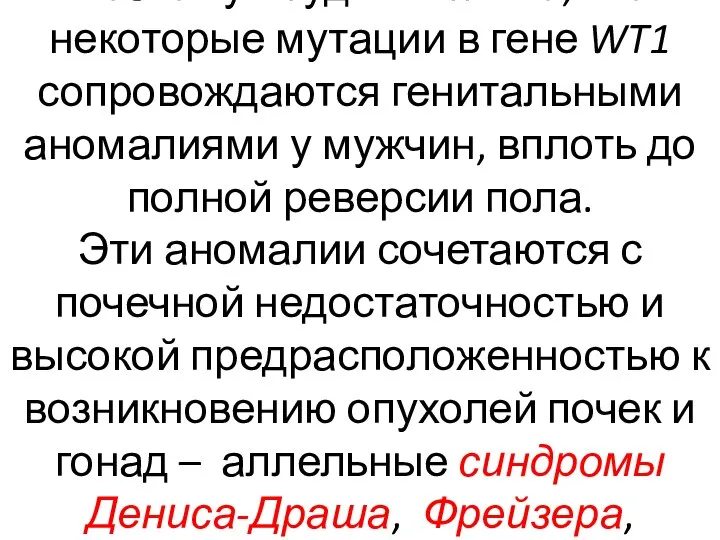 Поэтому неудивительно, что некоторые мутации в гене WT1 сопровождаются генитальными аномалиями у