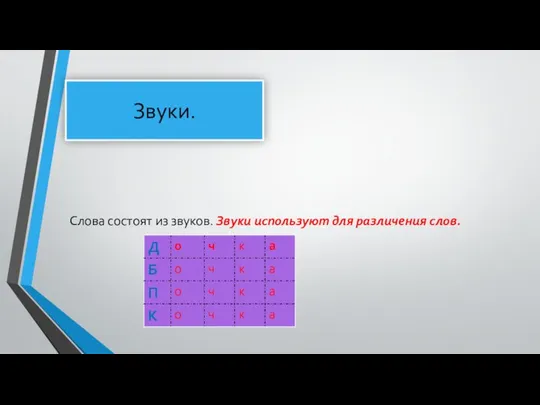 Звуки. Слова состоят из звуков. Звуки используют для различения слов.