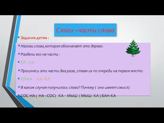 Слоги –части слова Задания детям : Назови слово,которое обозначает это дерево. Раздели