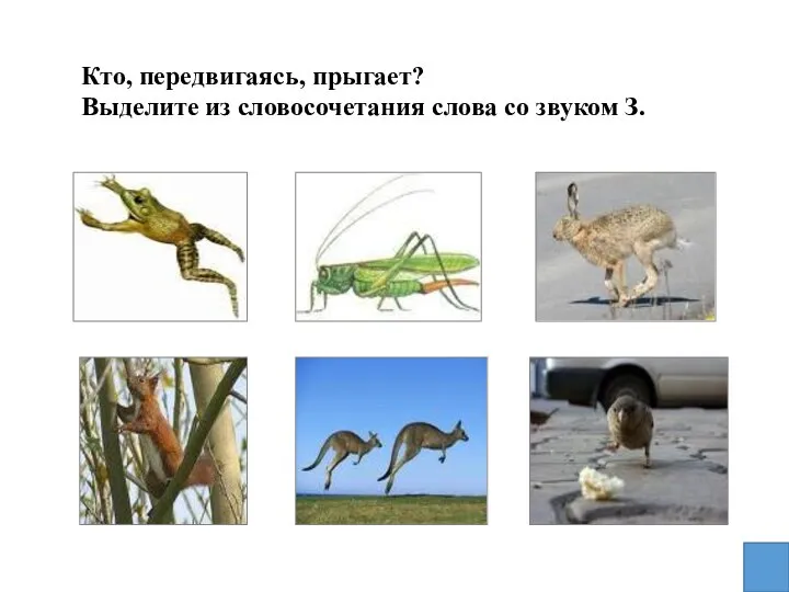 Кто, передвигаясь, прыгает? Выделите из словосочетания слова со звуком З.