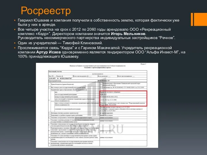 Росреестр Гавриил Юшваев и компания получили в собственность землю, которая фактически уже