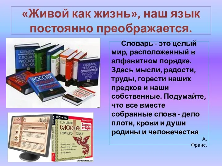 «Живой как жизнь», наш язык постоянно преображается. Словарь - это целый мир,