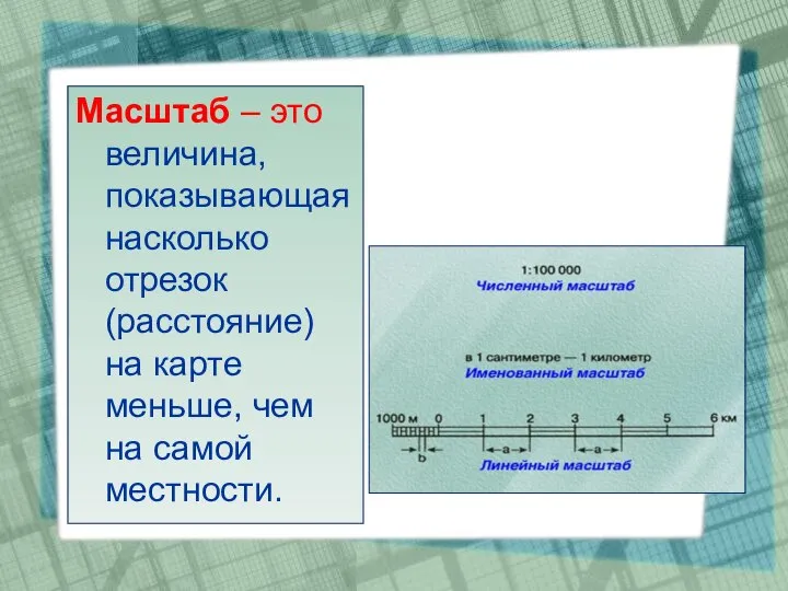 Масштаб – это величина, показывающая насколько отрезок (расстояние) на карте меньше, чем