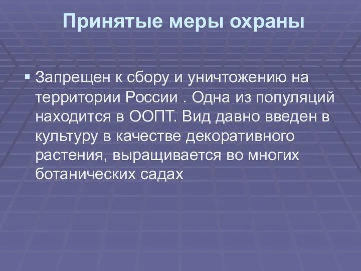 Принятые меры охраны Запрещен к сбору и уничтожению на территории России .