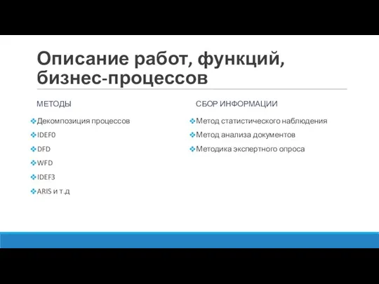 Описание работ, функций, бизнес-процессов МЕТОДЫ Декомпозиция процессов IDEF0 DFD WFD IDEF3 ARIS