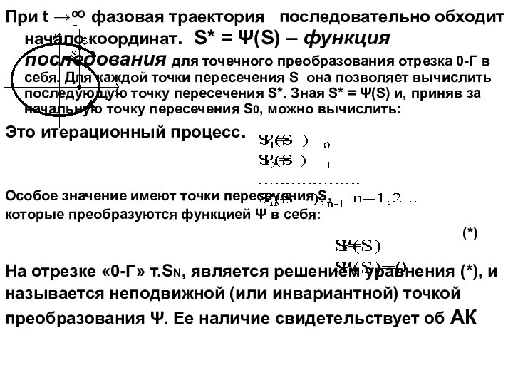 При t →∞ фазовая траектория последовательно обходит начало координат. S* = Ψ(S)