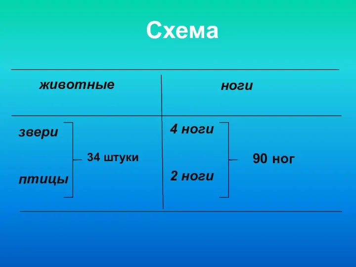 животные ноги звери птицы 34 штуки 4 ноги 2 ноги 90 ног Схема