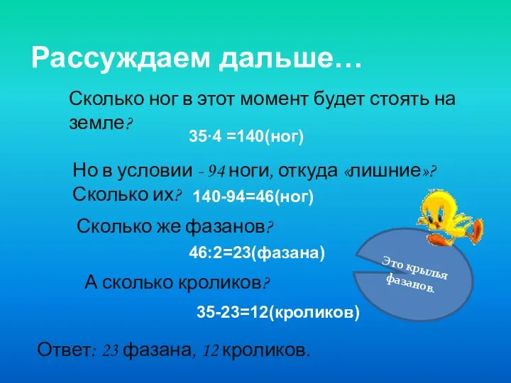 Рассуждаем дальше… Сколько ног в этот момент будет стоять на земле? 35∙4