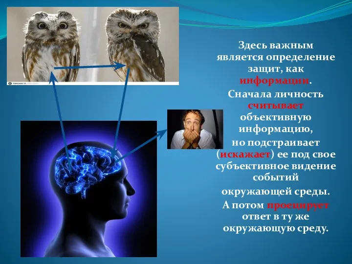 Здесь важным является определение защит, как информации. Сначала личность считывает объективную информацию,