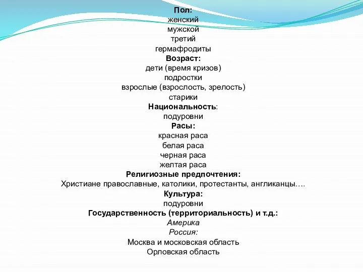 Пол: женский мужской третий гермафродиты Возраст: дети (время кризов) подростки взрослые (взрослость,