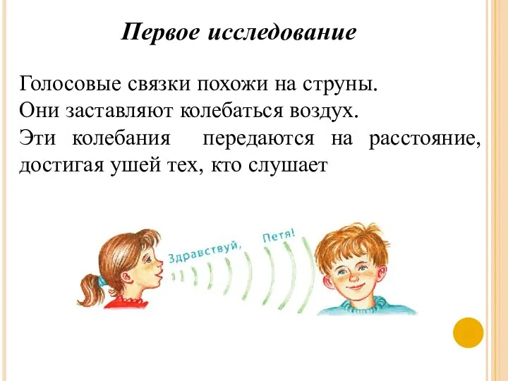 Первое исследование Голосовые связки похожи на струны. Они заставляют колебаться воздух. Эти