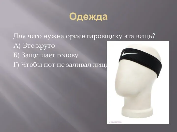 Одежда Для чего нужна ориентировщику эта вещь? А) Это круто Б) Защищает