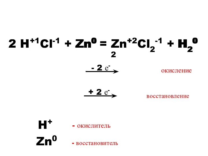 - 2 е- 2 H+1Cl-1 + Zn0 = Zn+2Cl2-1 + H20 Zn0