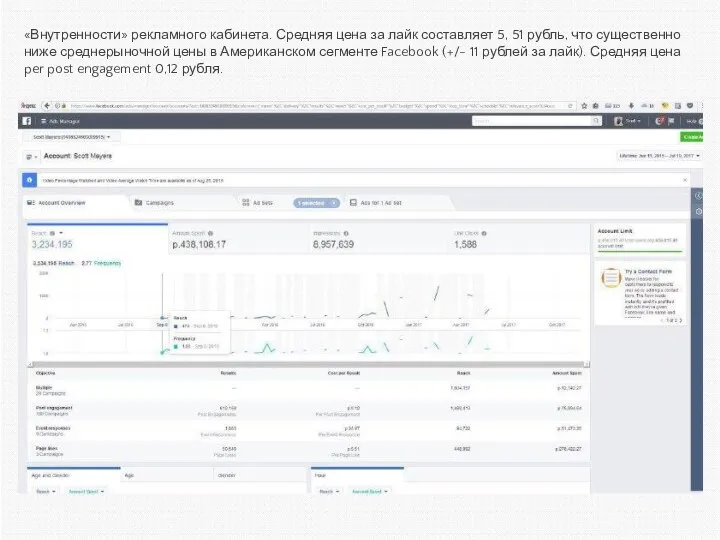 «Внутренности» рекламного кабинета. Средняя цена за лайк составляет 5, 51 рубль, что