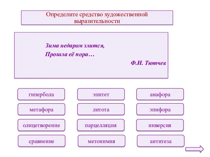 Определите средство художественной выразительности Зима недаром злится, Прошла её пора… Ф.И. Тютчев