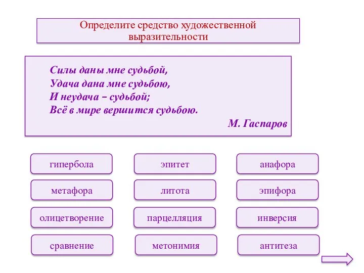 Определите средство художественной выразительности эпитет литота парцелляция метонимия анафора эпифора инверсия антитеза