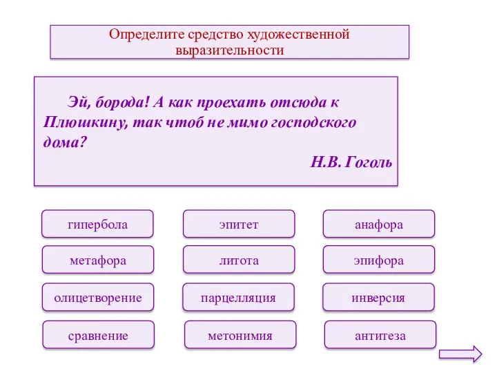 Определите средство художественной выразительности эпитет литота парцелляция метонимия анафора эпифора инверсия антитеза