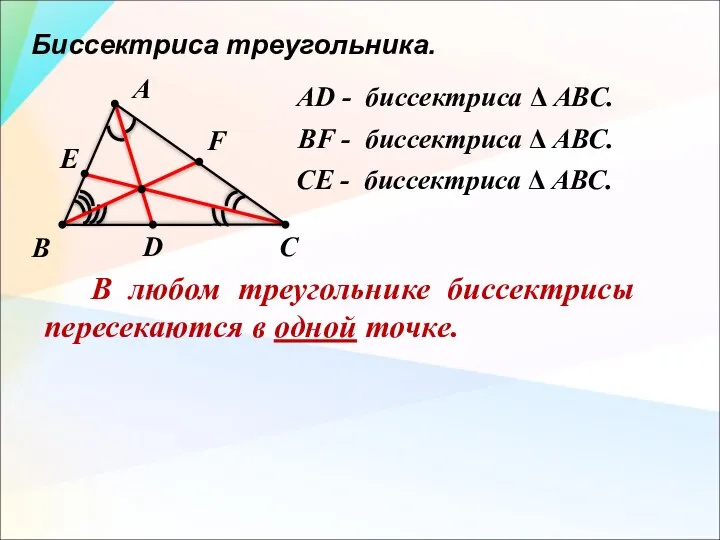 Биссектриса треугольника. А В С D AD - биссектриса Δ АВС. В