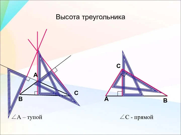 Высота треугольника ∠А – тупой ∠С - прямой А В С А В С