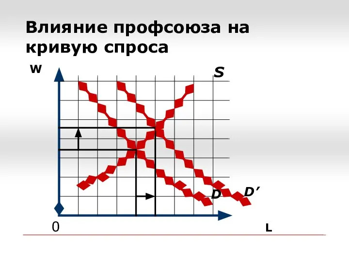 Влияние профсоюза на кривую спроса 0 L W D D’ S