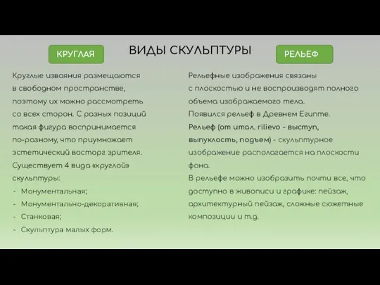 ВИДЫ СКУЛЬПТУРЫ РЕЛЬЕФ КРУГЛАЯ Круглые изваяния размещаются в свободном пространстве, поэтому их