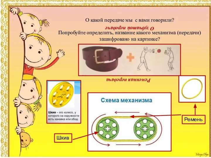 О какой передаче мы с вами говорили? Попробуйте определить, название какого механизма