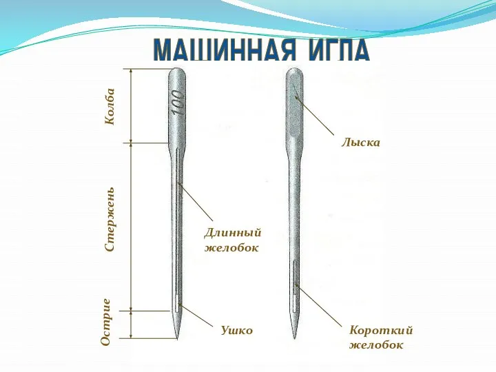 МАШИННАЯ ИГЛА Колба Стержень Острие Длинный желобок Ушко Лыска Короткий желобок