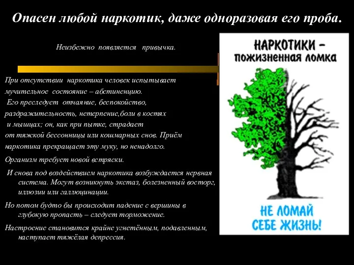 Опасен любой наркотик, даже одноразовая его проба. Неизбежно появляется привычка. При отсутствии