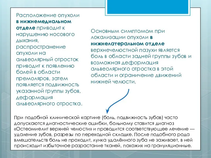 Расположение опухоли в нижнемедиальном отделе приводит к нарушению носового дыхания, распространение опухоли