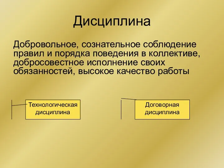 Дисциплина Добровольное, сознательное соблюдение правил и порядка поведения в коллективе, добросовестное исполнение