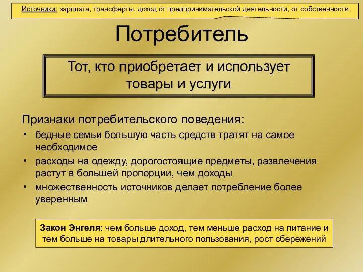 Потребитель Признаки потребительского поведения: бедные семьи большую часть средств тратят на самое