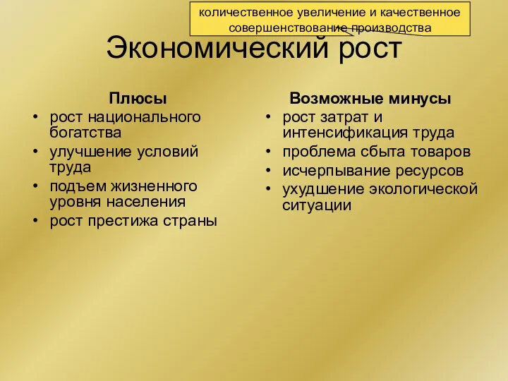 Экономический рост Плюсы рост национального богатства улучшение условий труда подъем жизненного уровня