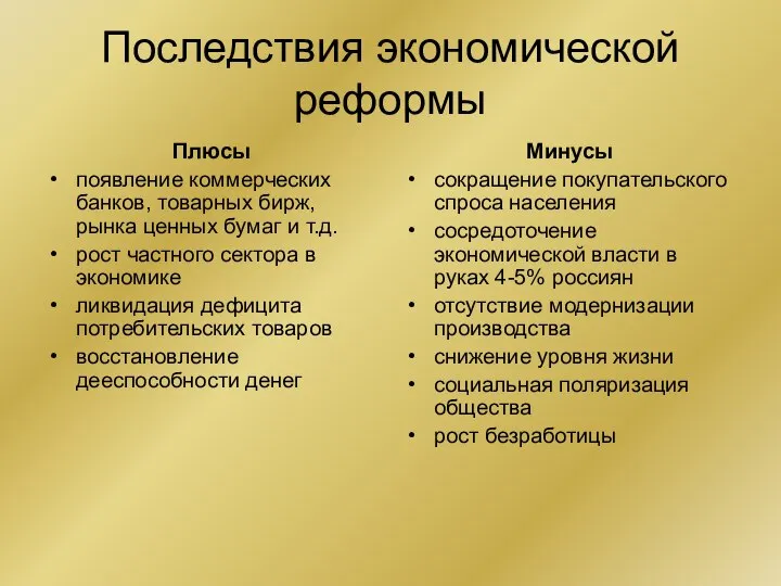 Последствия экономической реформы Плюсы появление коммерческих банков, товарных бирж, рынка ценных бумаг