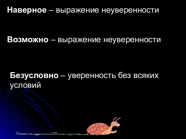 Наверное – выражение неуверенности Возможно – выражение неуверенности Безусловно – уверенность без всяких условий