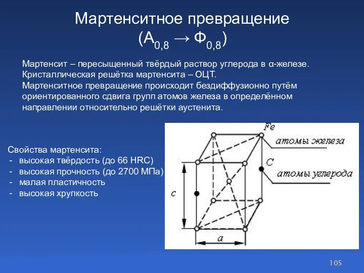 Мартенситное превращение (А0,8 → Ф0,8) Мартенсит – пересыщенный твёрдый раствор углерода в