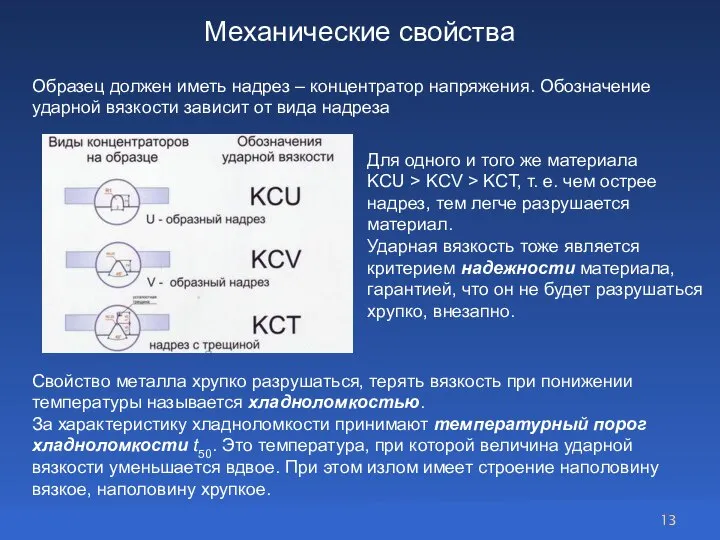 Образец должен иметь надрез – концентратор напряжения. Обозначение ударной вязкости зависит от