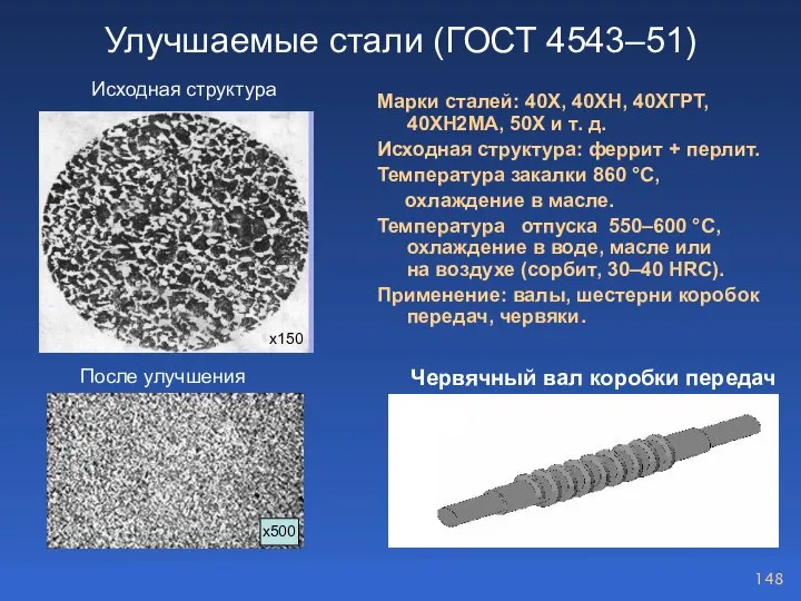 Улучшаемые стали (ГОСТ 4543–51) Марки сталей: 40Х, 40ХН, 40ХГРТ, 40ХН2МА, 50Х и