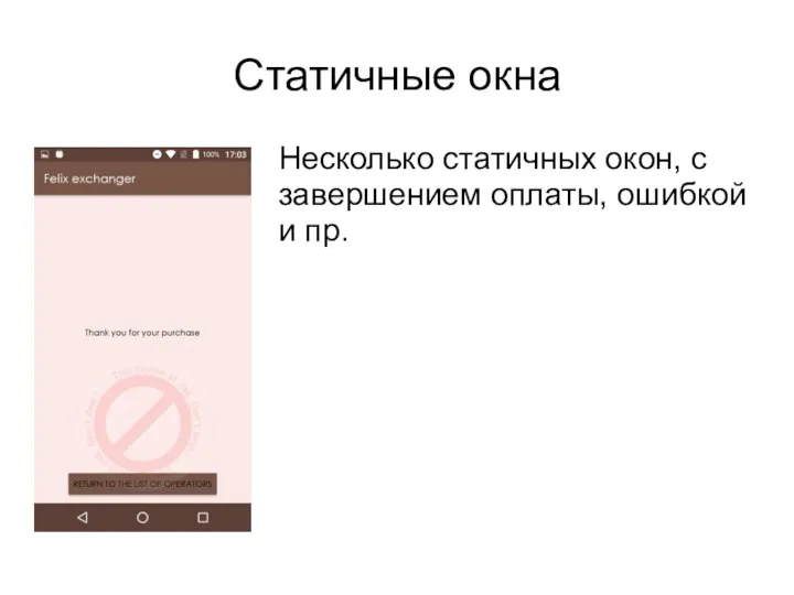 Статичные окна Несколько статичных окон, с завершением оплаты, ошибкой и пр.