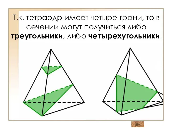 Т.к. тетраэдр имеет четыре грани, то в сечении могут получиться либо треугольники, либо четырехугольники.