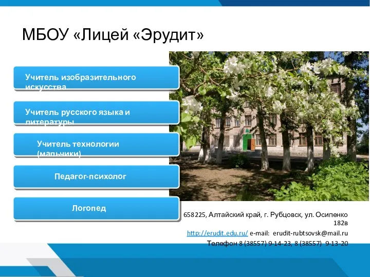 МБОУ «Лицей «Эрудит» 658225, Алтайский край, г. Рубцовск, ул. Осипенко 182в http://erudit.edu.ru/