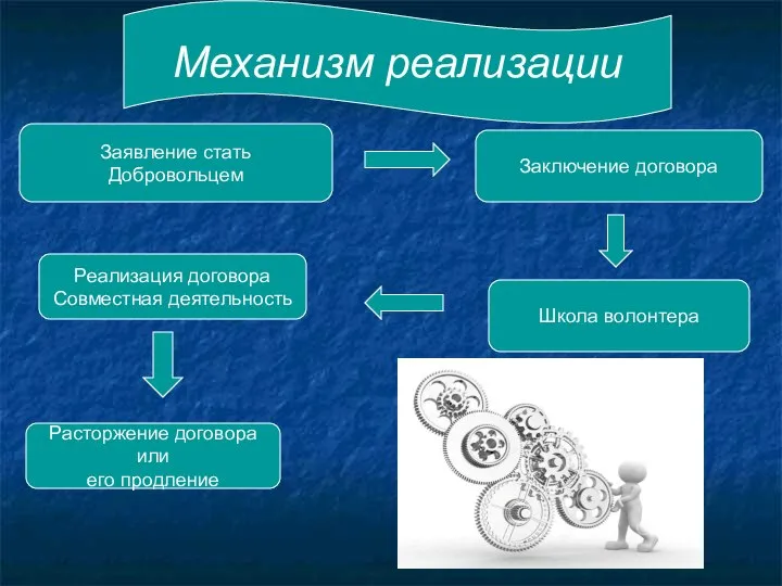 Механизм реализации Заявление стать Добровольцем Заключение договора Школа волонтера Реализация договора Совместная