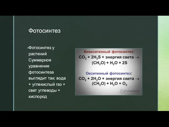 Фотосинтез Фотосинтез у растений Суммарное уравнение фотосинтеза выглядит так: вода + углекислый