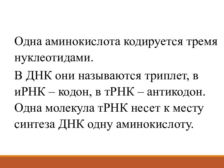 Одна аминокислота кодируется тремя нуклеотидами. В ДНК они называются триплет, в иРНК